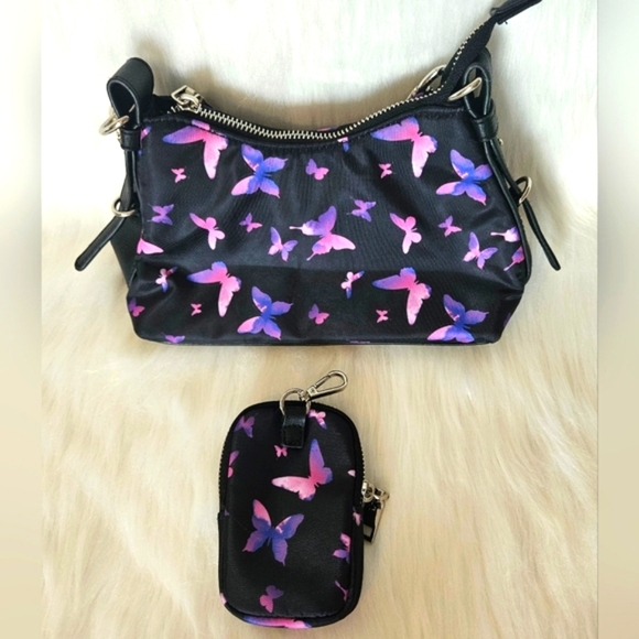 Steve Madden NYC Rosa Y Negro Mariposa Chain Purse w/Pouch and Nylon Crossbody - Picture 5 of 7